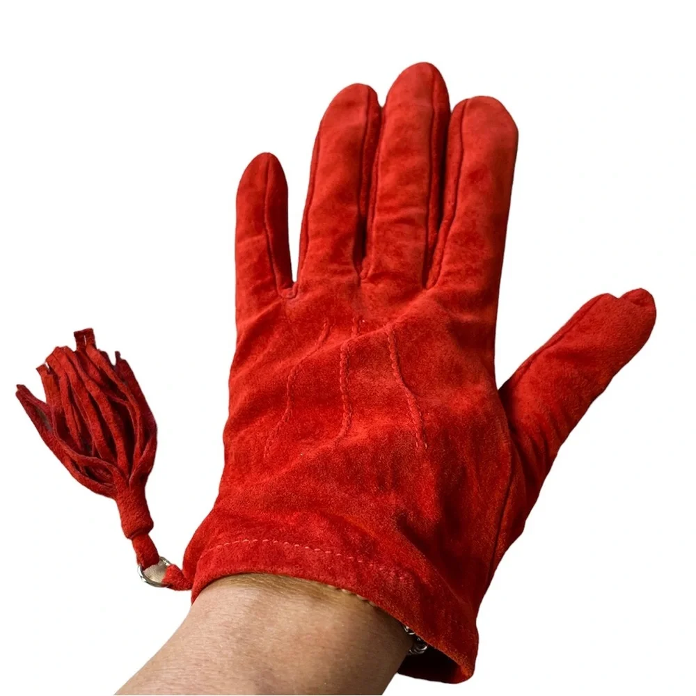 Red 100% genuine leather tassel detail gloves size L - Picture 4 of 5
